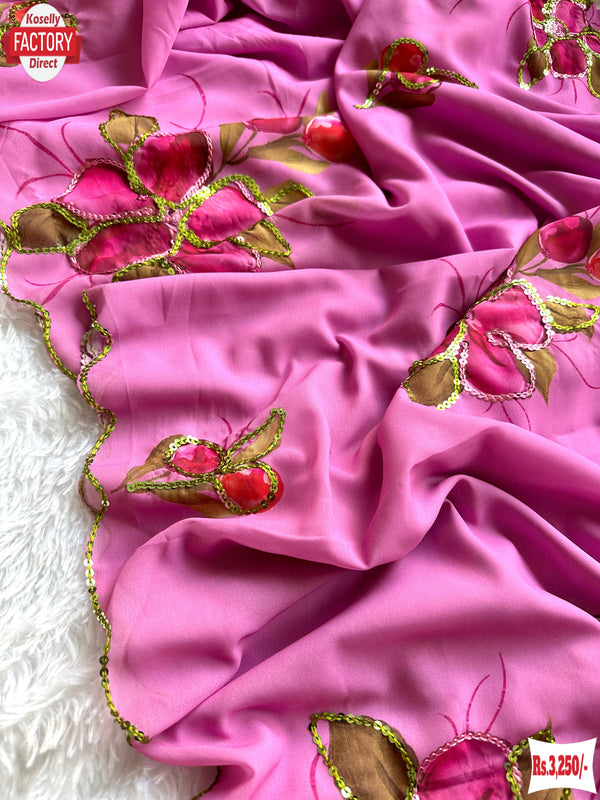 Pink Georgette Hand Sequins Worked Saree