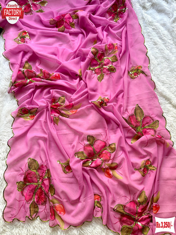 Pink Georgette Hand Sequins Worked Saree