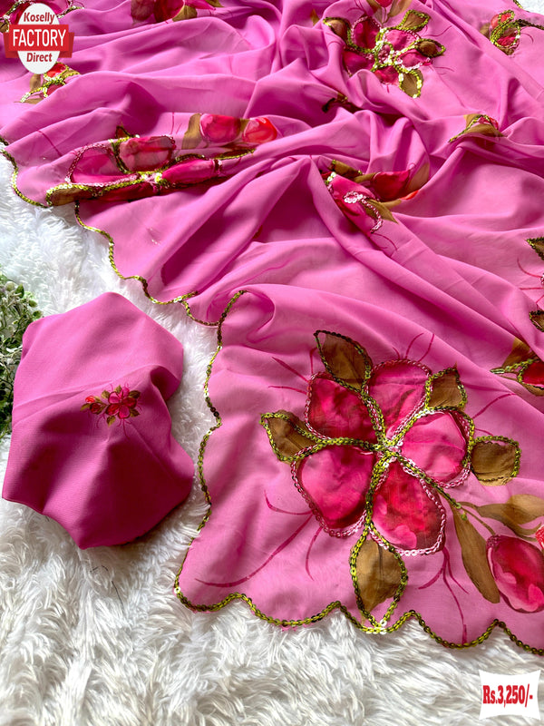 Pink Georgette Hand Sequins Worked Saree