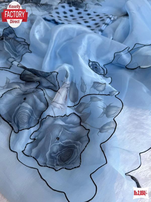 Dusty Blue Soft Organza Digital Printed Saree With Handwork