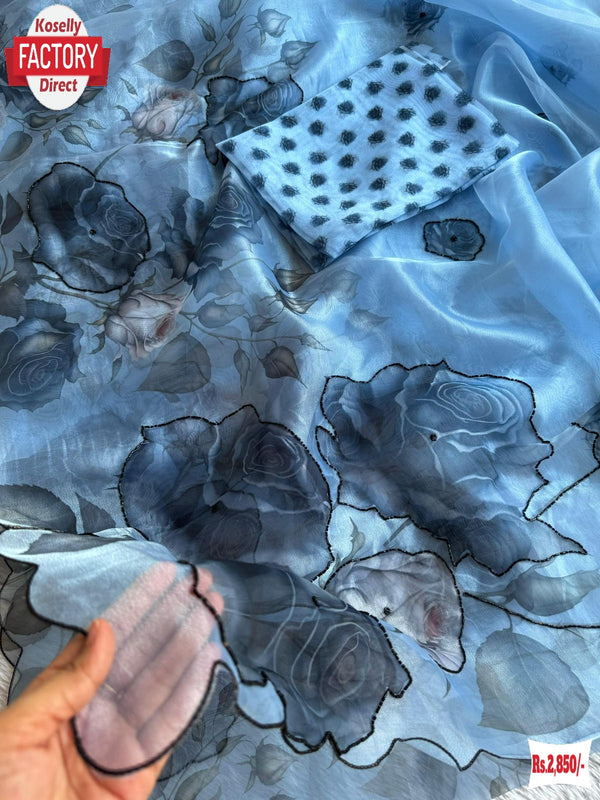 Dusty Blue Soft Organza Digital Printed Saree With Handwork