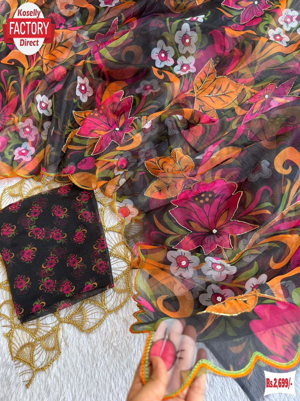 Black Soft Organza Digital Printed Saree With Handwork