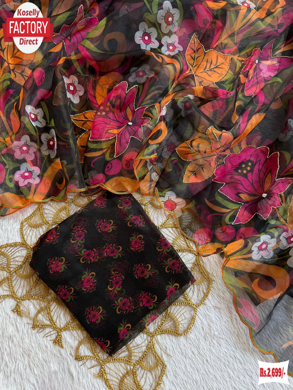 Black Soft Organza Digital Printed Saree With Handwork