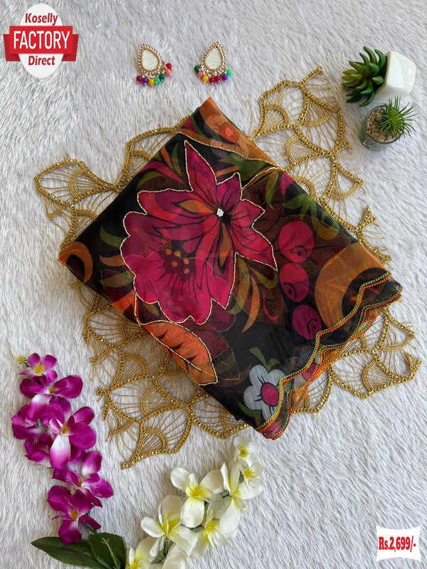 Black Soft Organza Digital Printed Saree With Handwork