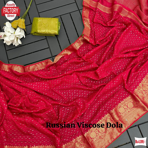 Hot Pink Russian Pure Dola Silk Banarasi Saree