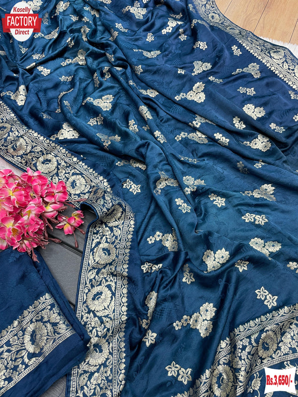 Teal Blue Satin Soft Silk Banarasi Weaving Saree