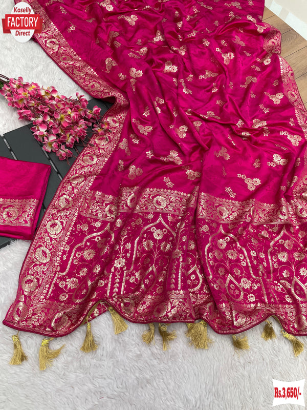 Hot Pink Satin Soft Silk Banarasi Weaving Saree