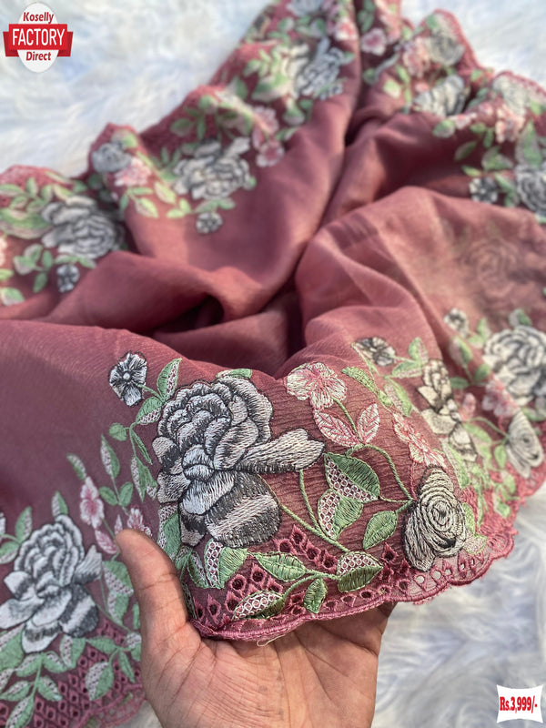 Berry Nude Crushed Pure Chiffon Saree With Kashmiri Work