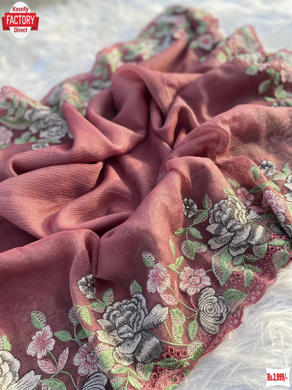 Berry Nude Crushed Pure Chiffon Saree With Kashmiri Work