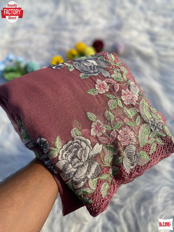 Berry Nude Crushed Pure Chiffon Saree With Kashmiri Work