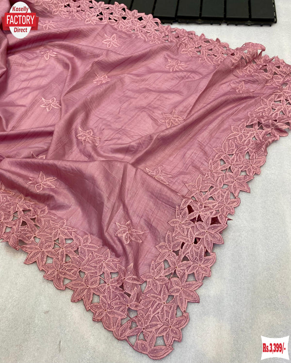 Nude Pink Gadwal Silk Thread Embroidered Cut-work Border Saree