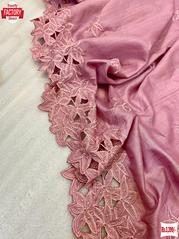 Nude Pink Gadwal Silk Thread Embroidered Cut-work Border Saree