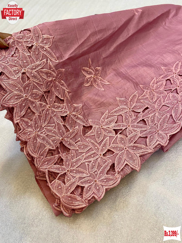 Nude Pink Gadwal Silk Thread Embroidered Cut-work Border Saree
