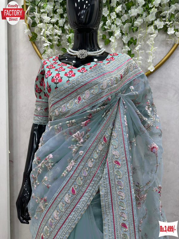 Ash Heavy Organza Silk Sequins And Thread Work Partywear Saree