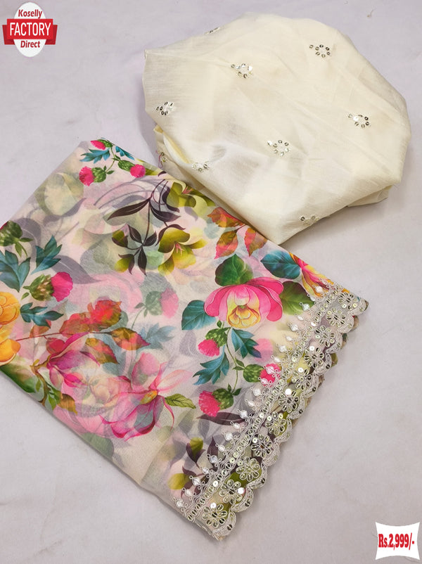 Off-white Soft Georgette Digital Printed Saree