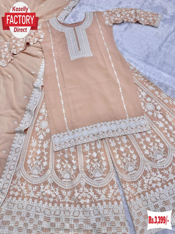 Peach Faux Georgette Kurtha Palazzo Dupatta Set