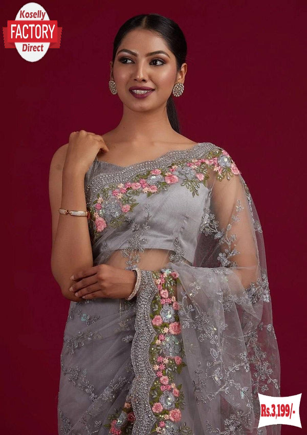Ash Organza Silk Sequins Embroidered Partywear Saree