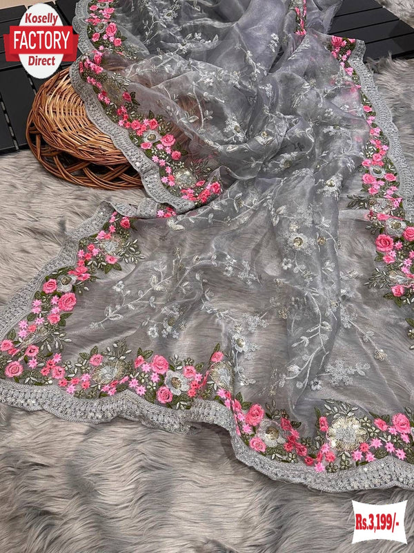 Ash Organza Silk Sequins Embroidered Partywear Saree