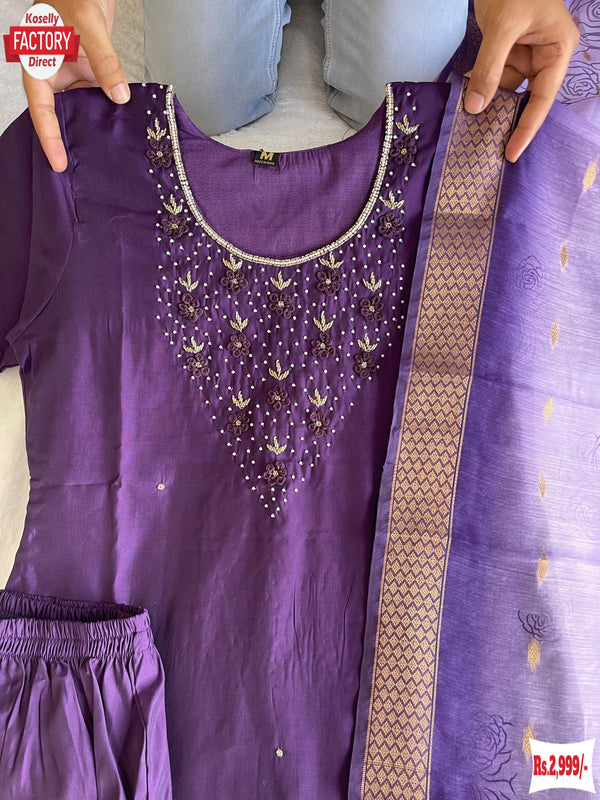 Purple Silk Hand-work Kurtha Palazzo Dupatts Set