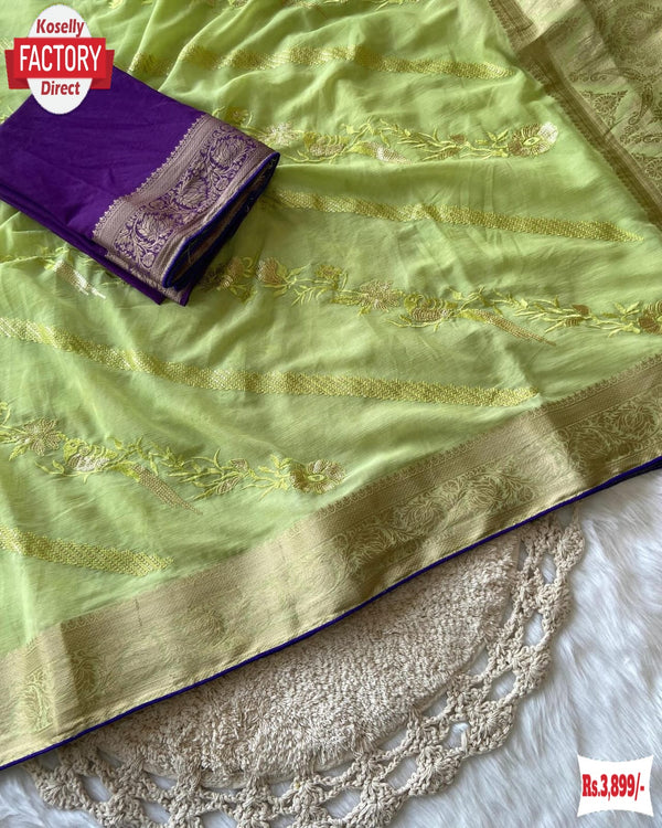 Parrot Green Pure Soft Chiffon Banarasi Sequins Embroidered Saree
