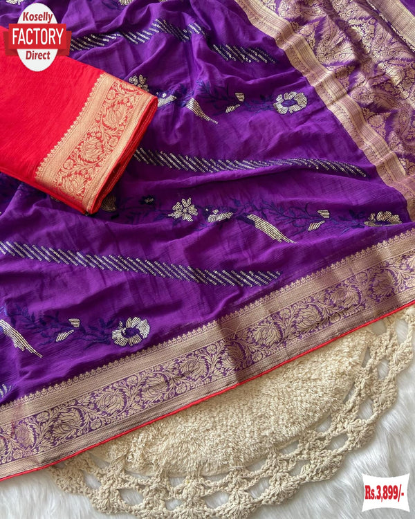 Purple Pure Soft Chiffon Banarasi Sequins Embroidered Saree