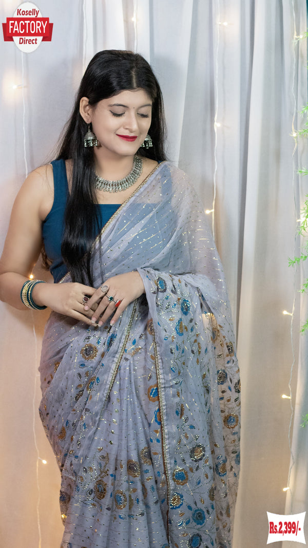 Ash Grey Shimmer Silk Fancy Saree