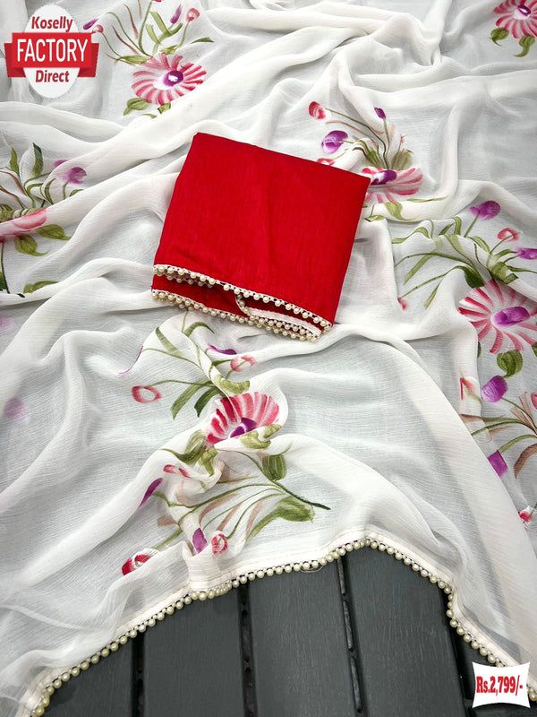 Pure Chiffon Hand Painted Floral Designer Saree