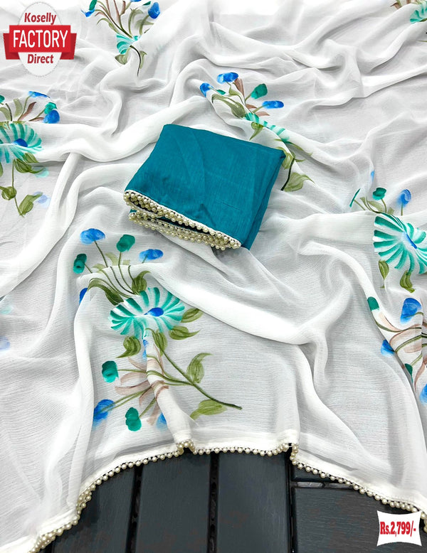 Pure Chiffon Hand Painted Floral Designer Saree