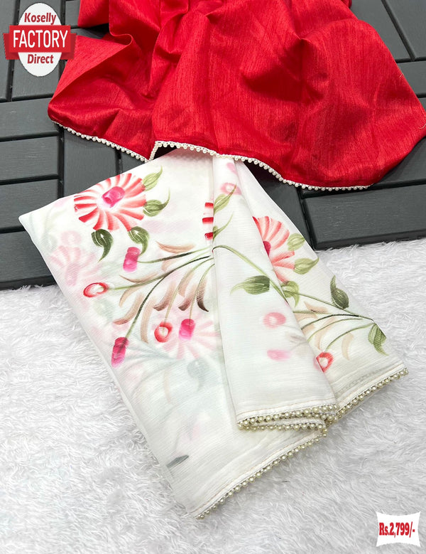 Pure Chiffon Hand Painted Floral Designer Saree