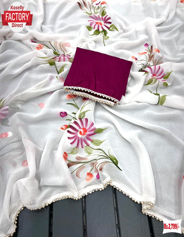 Pure Chiffon Hand Painted Floral Designer Saree