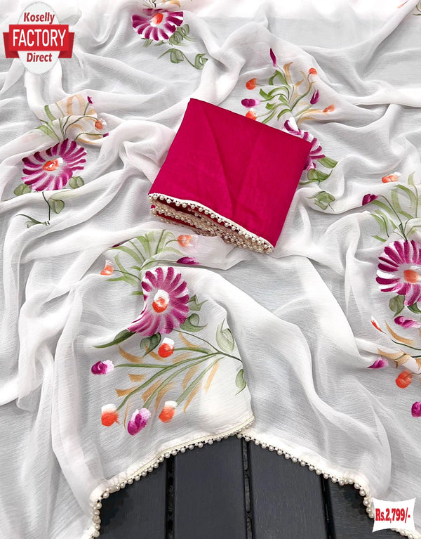 Pure Chiffon Hand Painted Floral Designer Saree