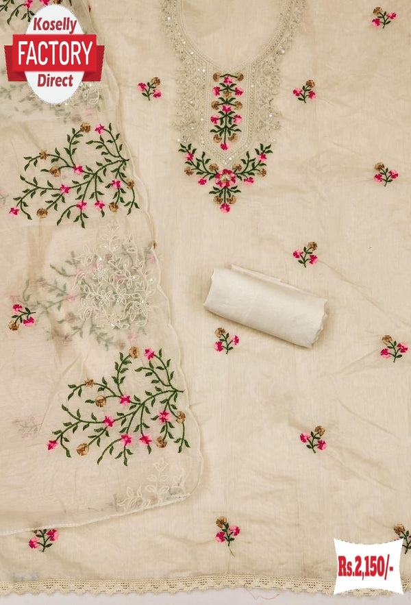 Cream Chanderi Silk Embroidered Kurtha Suruwal Piece