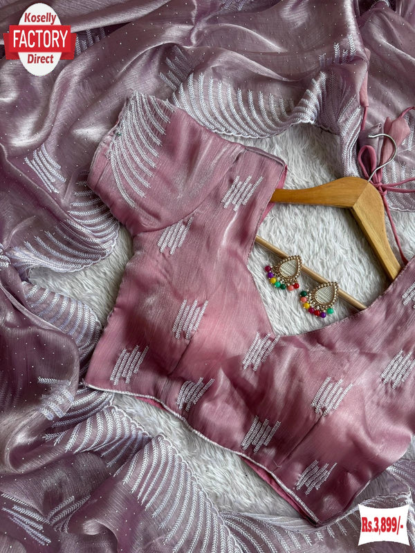 Lavender Jimmy Choo Silk Embroidered Partywear Saree With Readymade Blouse