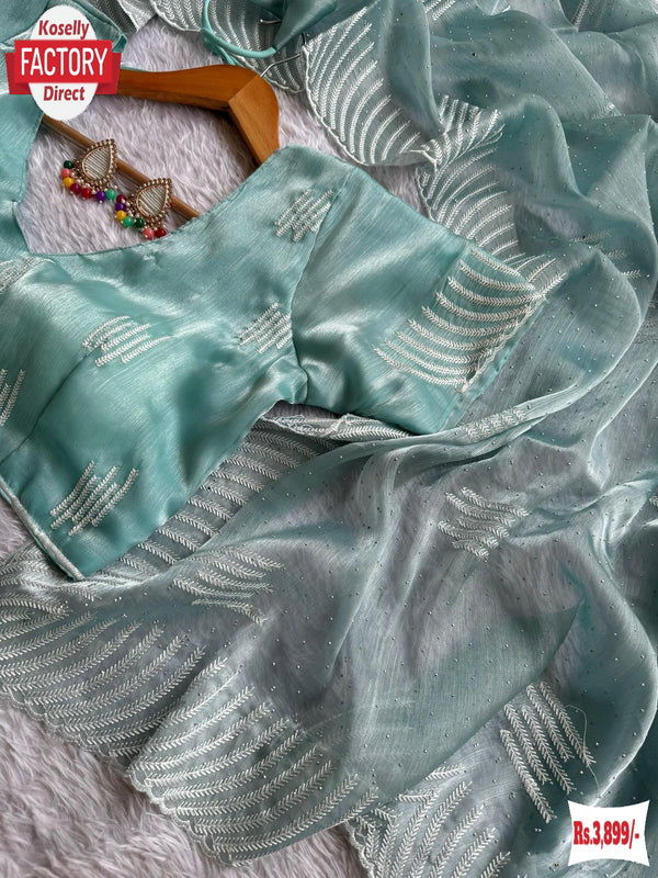 Sky Blue Jimmy Choo Silk Embroidered Partywear Saree With Readymade Blouse