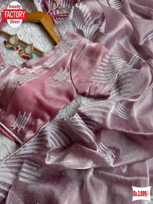 Lavender Jimmy Choo Silk Embroidered Partywear Saree With Readymade Blouse