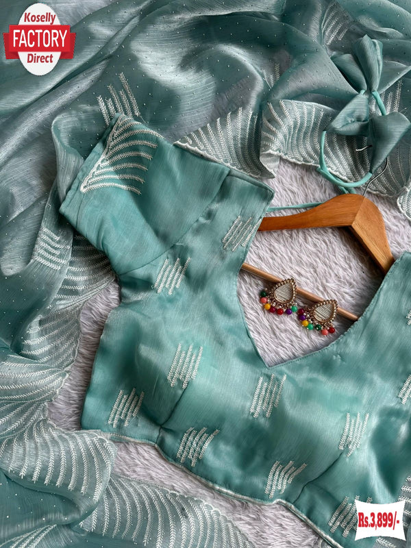 Sky Blue Jimmy Choo Silk Embroidered Partywear Saree With Readymade Blouse