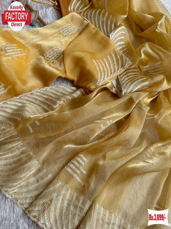 Yellow Jimmy Choo Silk Embroidered Partywear Saree With Readymade Blouse