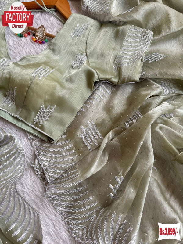 Dusty Green Jimmy Choo Silk Embroidered Partywear Saree With Readymade Blouse