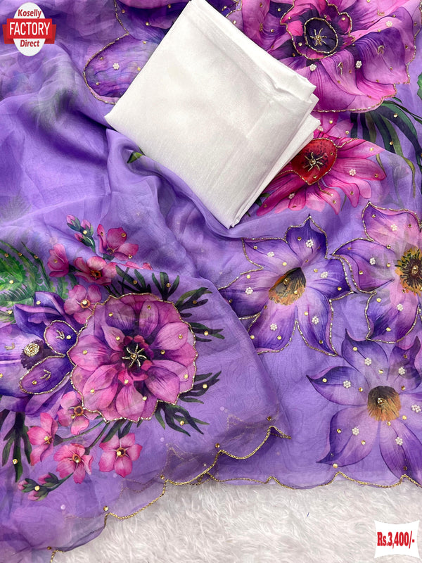 Lavender Pure Organza Tabby Silk Handwork Saree