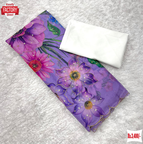 Lavender Pure Organza Tabby Silk Handwork Saree