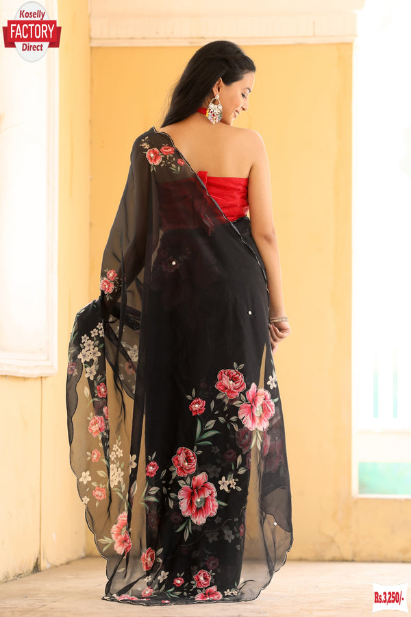 Black Organza Handwork Partywear Saree
