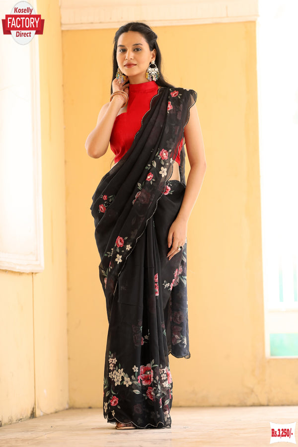 Black Organza Handwork Partywear Saree