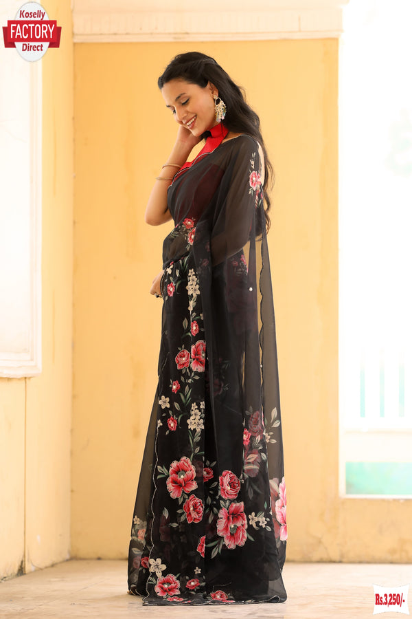Black Organza Handwork Partywear Saree