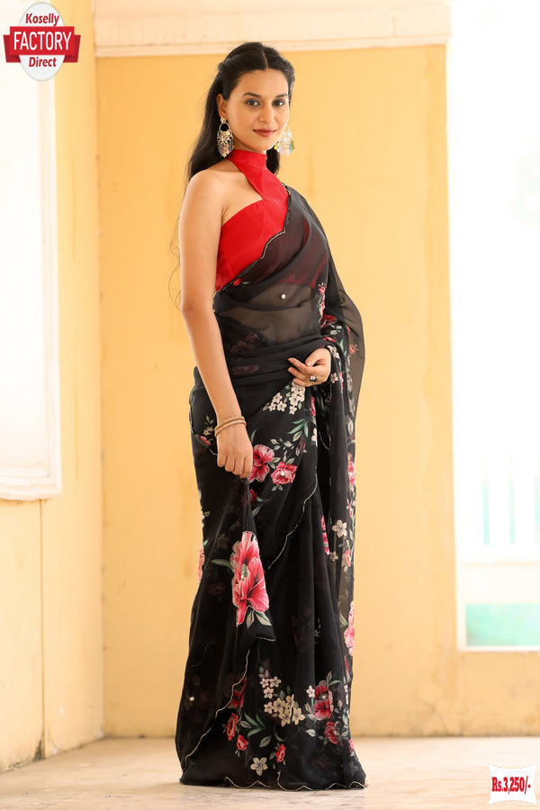 Black Organza Handwork Partywear Saree