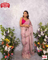 Pink Satin Organza Digital Printed Handwork Saree