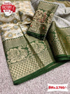 Off-white Banarasi Handloom Silk Saree With Green Border