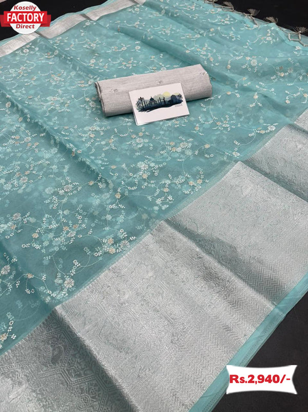 Sea Blue Organza Designer Saree