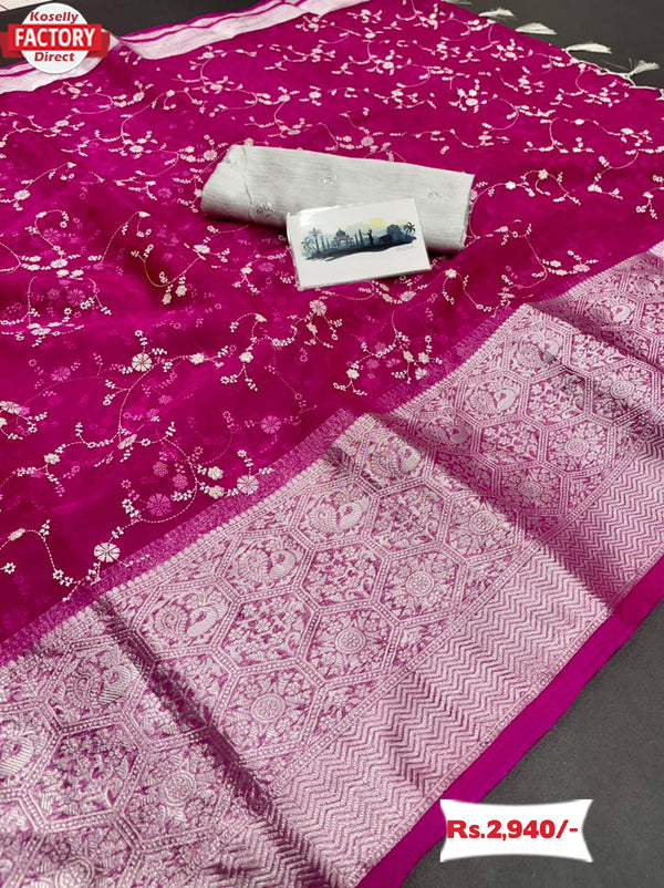 Hot Pink Organza Designer Saree