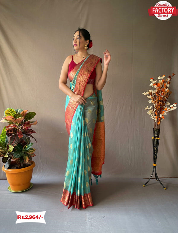 Light Blue Pure Organza Banarasi Silk Saree