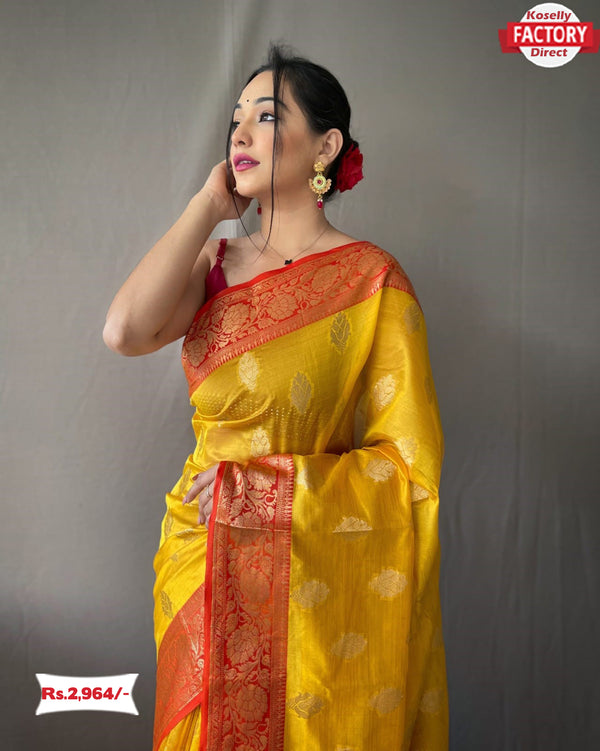 Yellow Pure Organza Banarasi Silk Saree